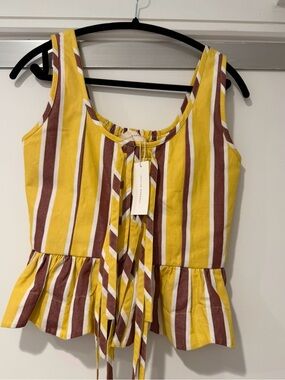 Loeffler Randall Striped Yellow & Brown Tie-Front Peplum Tank Top